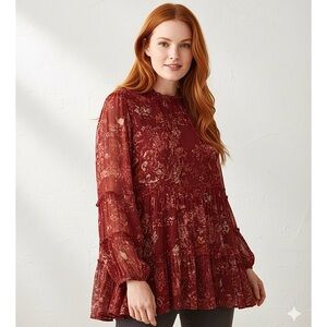 SOFT SURROUNDINGS Red Ruffle Layered Long Sleeve Peasant Tunic Top Women’s 1X